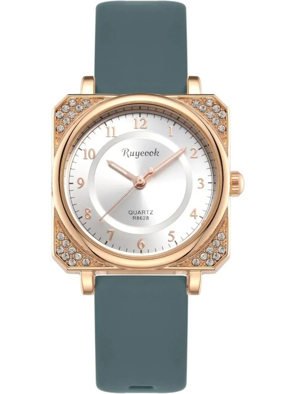 Women's Green Analog Quartz Silicone Band Crystal Square Waterproof Wrist Watch